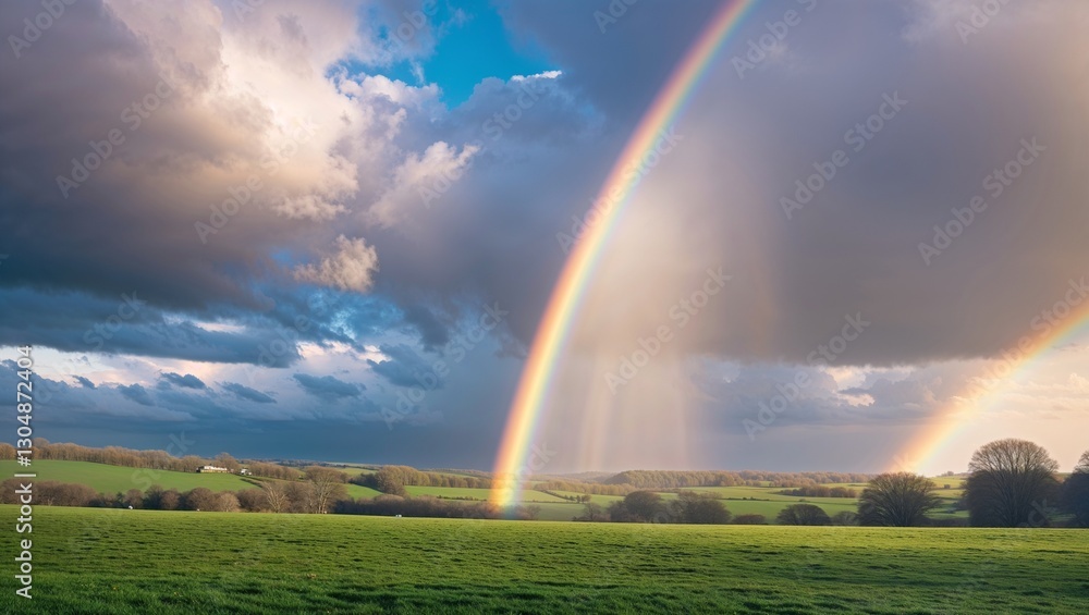 Bright Rainbow After a Spring Shower, Dramatic Sky Over Green Countryside, Wide-Angle View with Soft Sunlight Breaking Through Clouds Bright Rainbow After a Spring Shower, Dramatic Sky Over Green Countryside, Wide-Angle View with Soft Sunlight Breaking Through Clouds