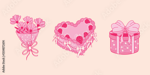 Hand-painted yoke elements for wedding invitations, birthday cards. Cute bouquet of flowers, cake, gift box. Vintage vector illustration