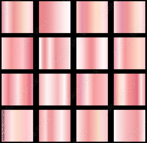 Set of gold rose foil texture. Collection of pink postel gradients isolated on black background. Vector illustration