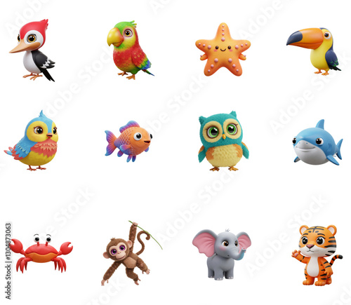 Animals, birds and fish. 3d render cartoon icon set. Owl, woodpecker, toucan, parrot, elephant, tiger, monkey, crab, jellyfish, starfish, shark