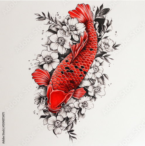 Tattoo design of a red and black koi fish with white and black flowers, on a plain background