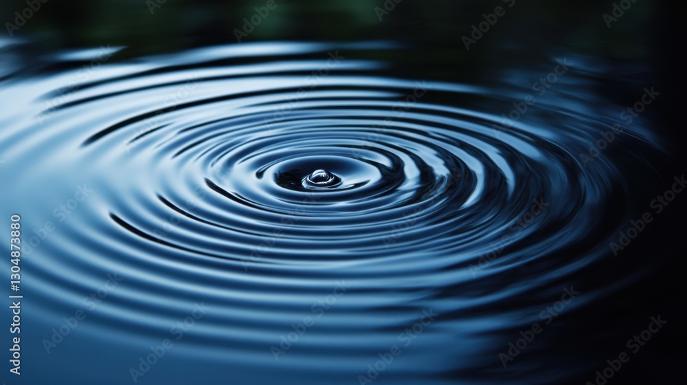 Serene water drop impact creating concentric ripples in deep blue liquid surface with dark background and smooth texture reflecting nature Serene water drop impact creating concentric ripples in deep blue liquid surface with dark background and smooth texture reflecting nature