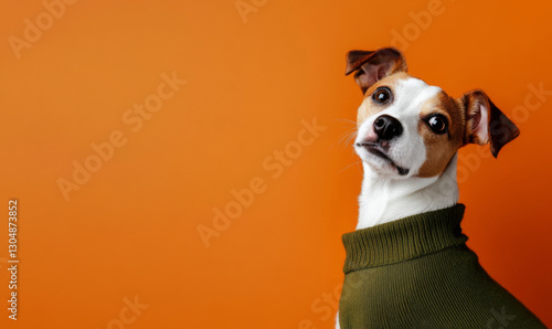 Jack Russell terrier in green sweater against orange background