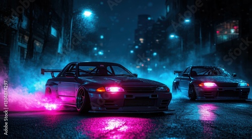 Dramatic night scene with racing cars and neon lights.