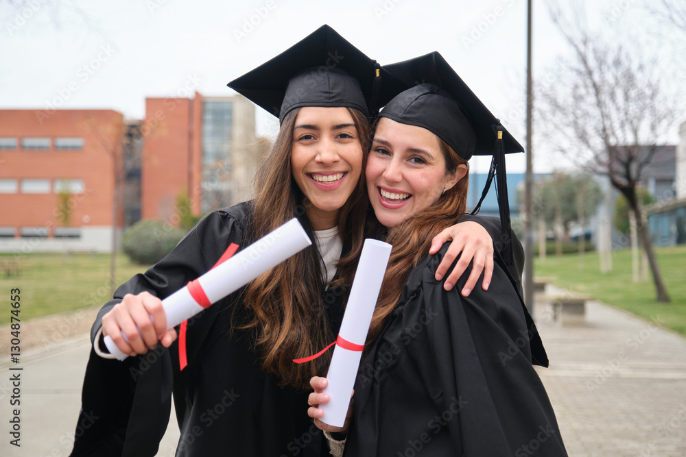 Two female graduates wearing gowns and mortarboards are hugging each other and smiling, holding their diplomas on graduation day