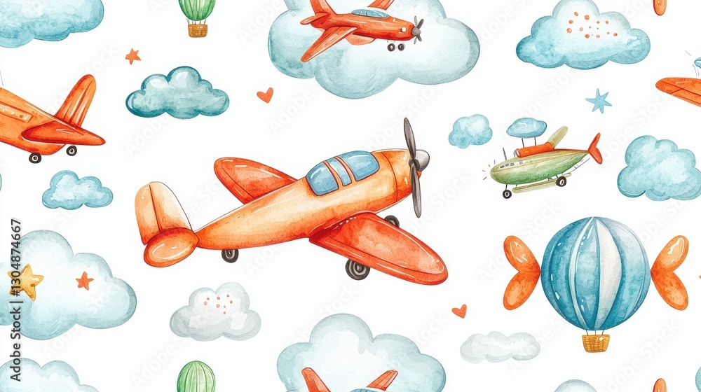 Watercolor Planes & Clouds Pattern Watercolor Planes & Clouds Pattern