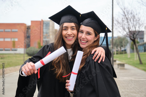 Obraz na płótnie Two female graduates wearing gowns and mortarboards are hugging each other and smiling, holding their diplomas on graduation day w salonie