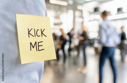 April Fools Day prank with kick me note on man back in plaid jacket, city street or office background