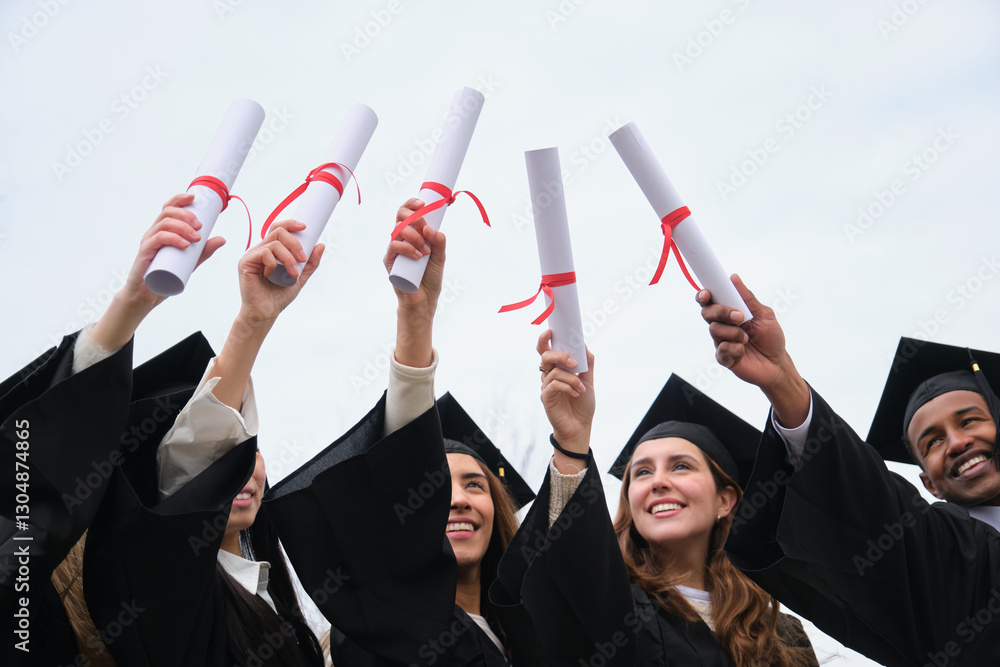 Group of cheerful multiethnic graduates celebrating graduation holding their diplomas up in the air