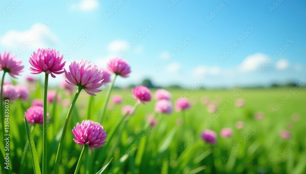 Fototapeta premium Field of lush garlic chives in bloom under clear blue sky, blue sky, peaceful