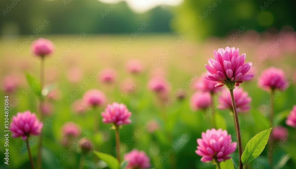 Field of pink clover flowers swaying in breeze, wildflowers, foliage Field of pink clover flowers swaying in breeze, wildflowers, foliage