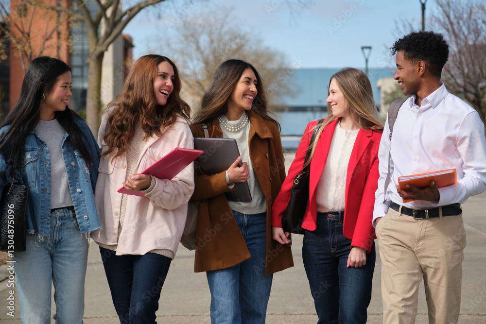 Happy multi ethnic students chatting together while walking on a university campus Happy multi ethnic students chatting together while walking on a university campus