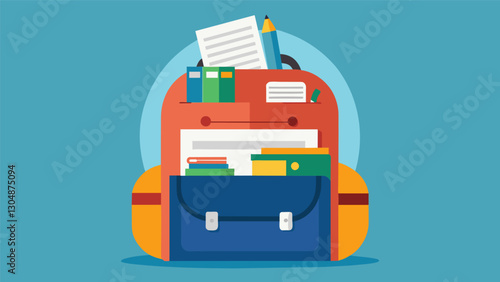 The students backpack is a treasure trove of school papers all neatly organized and ready to be taken out and used for class.. Vector illustration