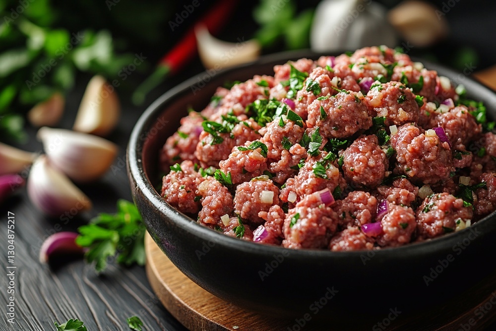 Freshly chopped ground meat mixed with herbs and spices on a wooden surface in a kitchen setting Freshly chopped ground meat mixed with herbs and spices on a wooden surface in a kitchen setting