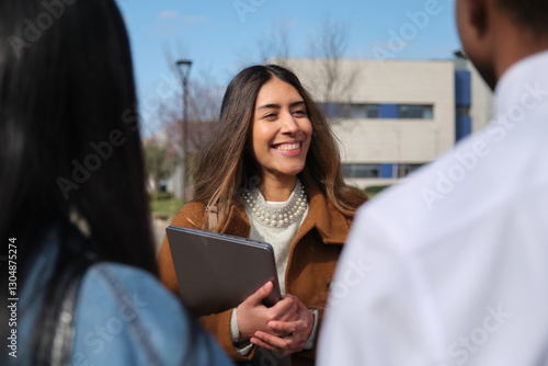 Young latin woman holding tablet and smiling while talking with university colleagues outdoor