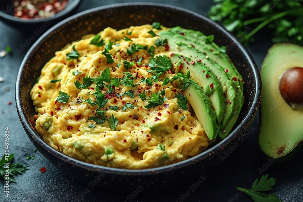 Delicious creamy avocado and egg dish topped with herbs and spices perfect for breakfast or brunch Delicious creamy avocado and egg dish topped with herbs and spices perfect for breakfast or brunch