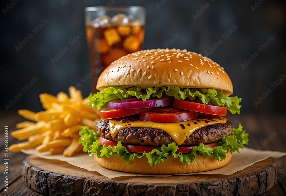 A delicious and Juicy Cheeseburger with Crispy Fries and Refreshing Cola on Wooden Board A delicious and Juicy Cheeseburger with Crispy Fries and Refreshing Cola on Wooden Board