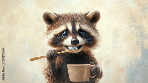 Cute cartoon character baby raccoon trying to brush teeth, children book character, good habit illustration	
