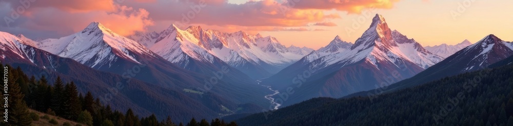 Panoramic mountainside at sunrise with snow-capped peaks and forest in foreground, trees, sunrise Panoramic mountainside at sunrise with snow-capped peaks and forest in foreground, trees, sunrise