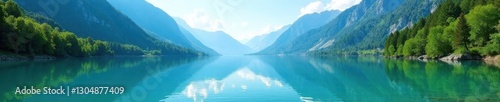 Wallpaper Mural Serene mountain lake, azure sky reflecting on pristine water, trees, tranquil, forest Torontodigital.ca