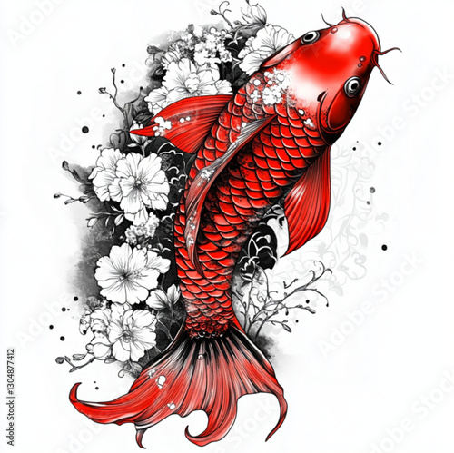 Tattoo design of a red and black koi fish with white and black flowers, on a plain background