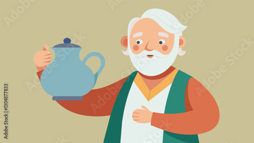 With a nostalgic le in their eye an elderly pottery master lovingly holds up a simple yet elegant teapot they crafted decades ago still as beautiful as the day it was made.. Vector illustration