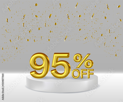 3D renders golden text 95% off podium with white background.