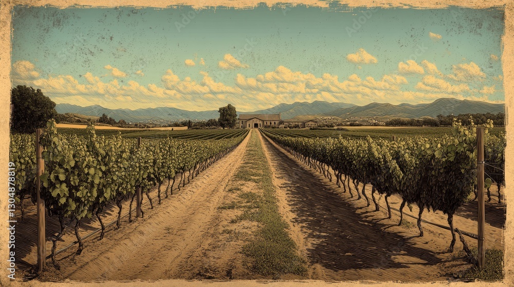 Fototapeta premium A vast vineyard stretches out in nature, rendered in a simple black and white sketch