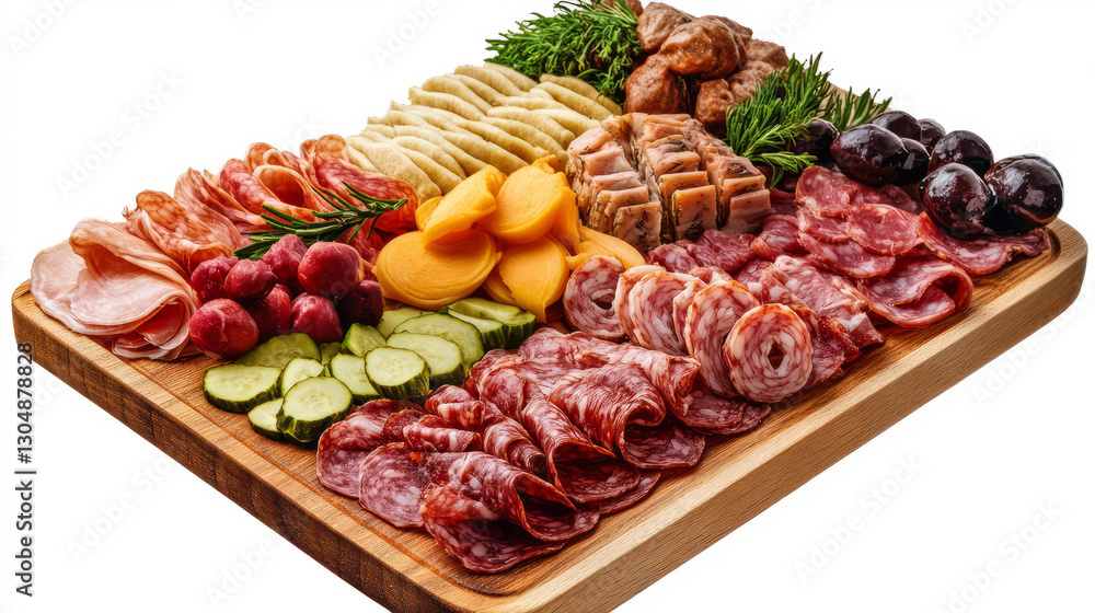 Board with cold cuts and vegetables on an isolated background. Top view. Board with cold cuts and vegetables on an isolated background. Top view.