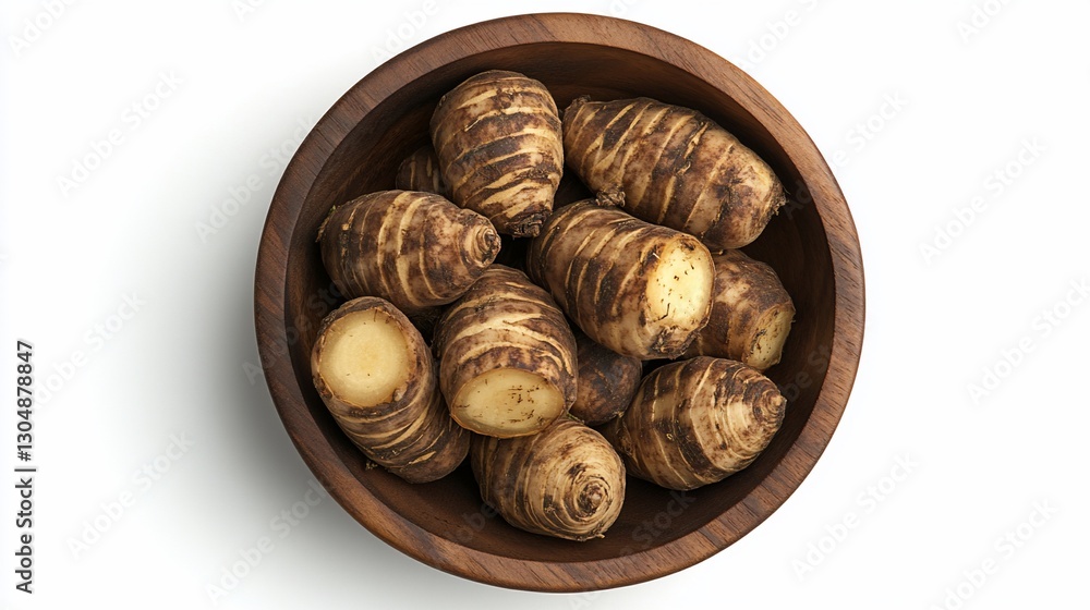 Wooden bowl of taro roots, overhead shot Wooden bowl of taro roots, overhead shot