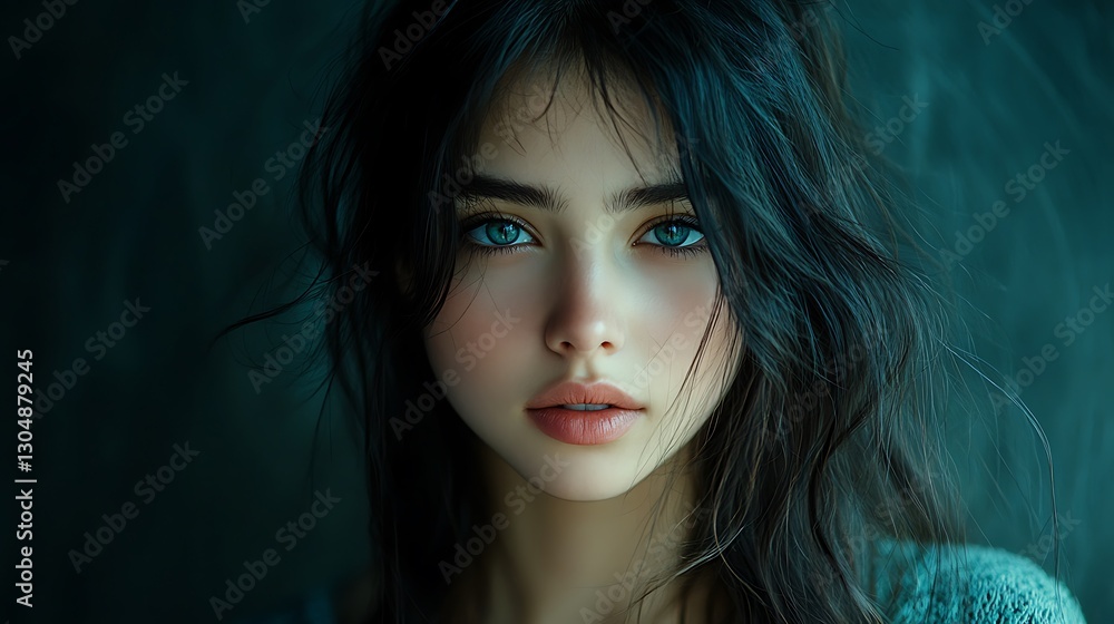 Fototapeta premium A striking yet soft portrait of a young woman with dark flowing hair and luminous fair skin, dreamy lighting wrapping around her delicate features, subtle contrast emphasizing depth and emotion,