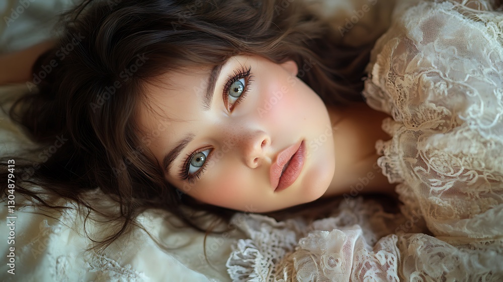 A stunning fine-art portrait of a graceful woman lying in repose, her bright eyes shimmering with a celestial glow, soft radiant lighting enhancing her delicate features, A stunning fine-art portrait of a graceful woman lying in repose, her bright eyes shimmering with a celestial glow, soft radiant lighting enhancing her delicate features,