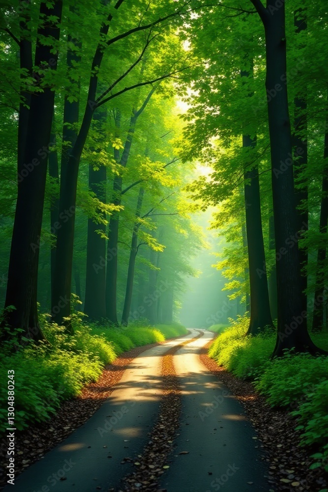Fototapeta premium Sun-dappled forest road curves gently through lush green canopy , scenic route, winding road