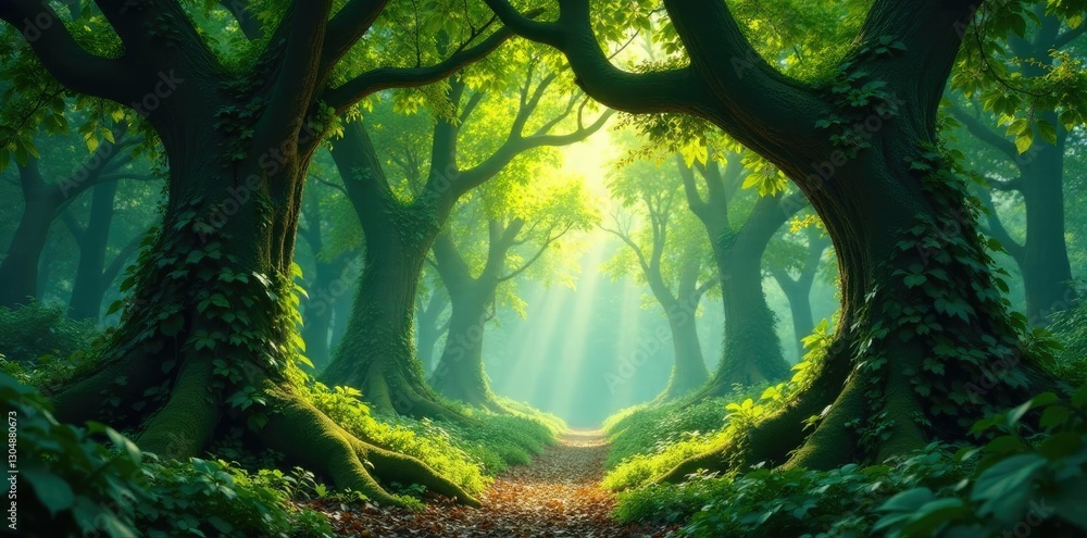 Lush forest canopy with vines covering ancient trees, foliage, greenery Lush forest canopy with vines covering ancient trees, foliage, greenery