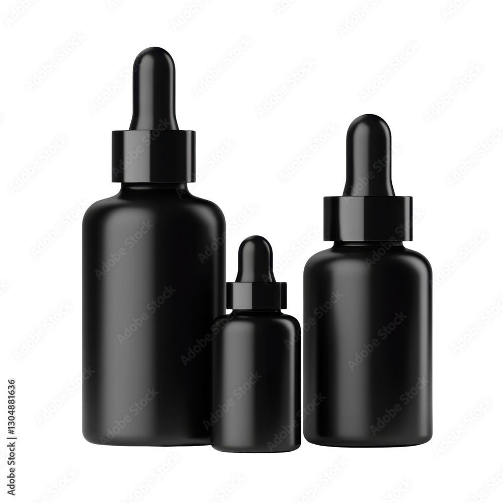 Mysterious Elixirs: A trio of sleek, matte black dropper bottles, varying in size, stand against the backdrop. capturing the allure and sophistication of the product Mysterious Elixirs: A trio of sleek, matte black dropper bottles, varying in size, stand against the backdrop. capturing the allure and sophistication of the product