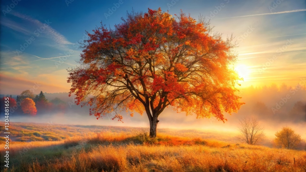 Autumnal Sunrise A Solitary Tree in a Misty Meadow Bathed in Golden Light Autumnal Sunrise A Solitary Tree in a Misty Meadow Bathed in Golden Light