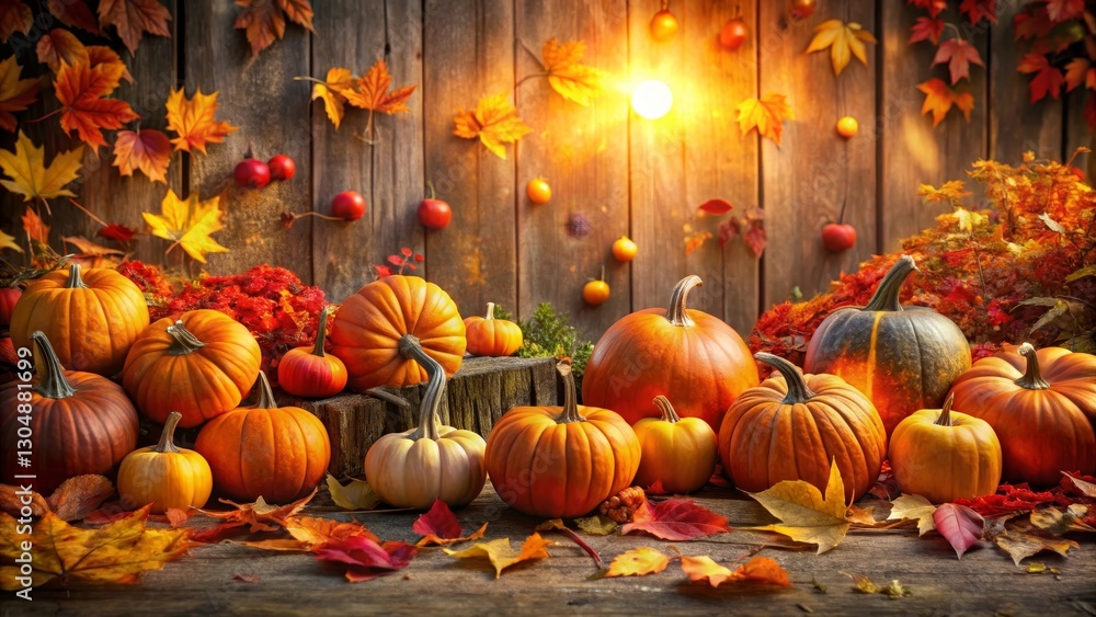 Autumnal Harvest Abundance A Rustic Still Life of Pumpkins and Fall Foliage Against a Weathered Wooden Background Autumnal Harvest Abundance A Rustic Still Life of Pumpkins and Fall Foliage Against a Weathered Wooden Background