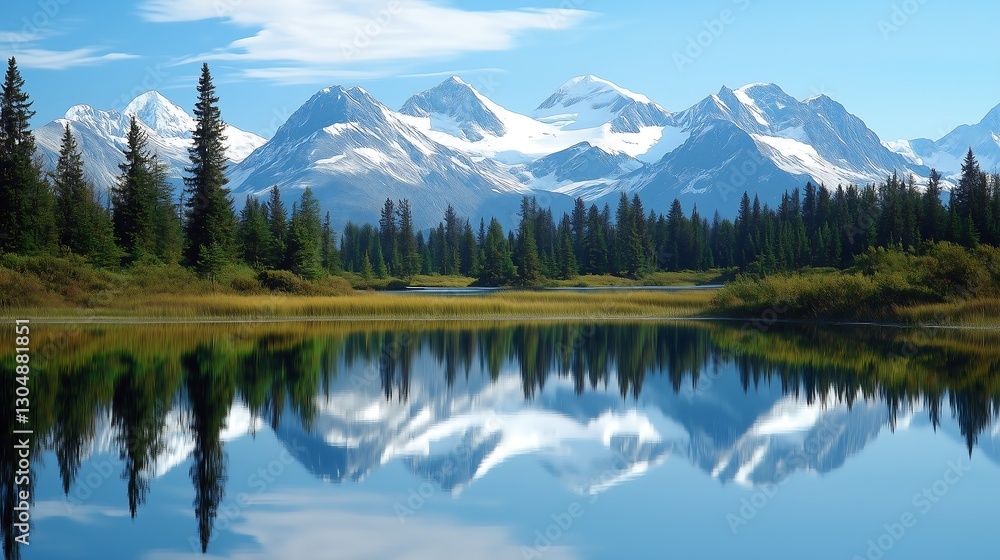 a tranquil lake with mirror-like reflections of snow-capped mountains and evergreen trees a tranquil lake with mirror-like reflections of snow-capped mountains and evergreen trees