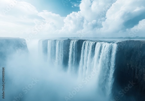 Majestic Waterfall Cascading Down Cliffs Under Cloudy Sky with Mist Rising and Soft Light Illuminating the Scene in a Serene Natural Environment