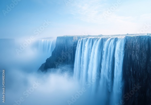 Majestic Waterfall Cascading Down Cliffside Surrounded by Misty Atmosphere Under Clear Blue Sky at Dawn in Serene Natural Landscape
