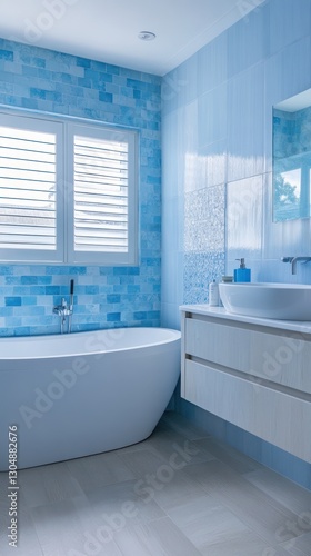 A modern bathroom with blue tiled walls and a bathtub