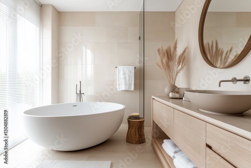 Modern Bathroom Design Featuring Natural Wood Accents, Beige Tiles, and Soft Natural Light Through Frosted Windows