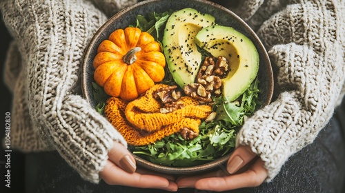 Colorful Autumn Salad with Pumpkin, Avocado, Nuts, and Fresh Greens Held in Cozy Sweatered Hands photo