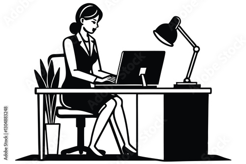 Vector silhouette of woman at work on white background