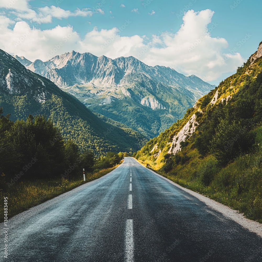 Naklejka premium panoramic view of nice summer empty road through the mountain