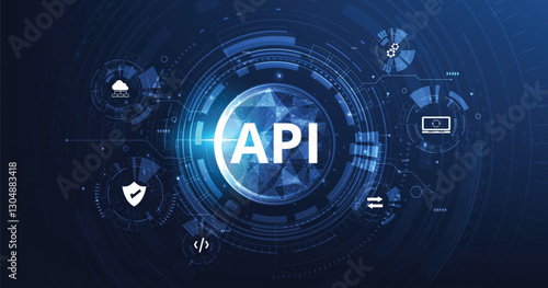 (API) Application Programming Interface. Software development tool, information technology, modern technology, internet and networking concept on dark blue background. 