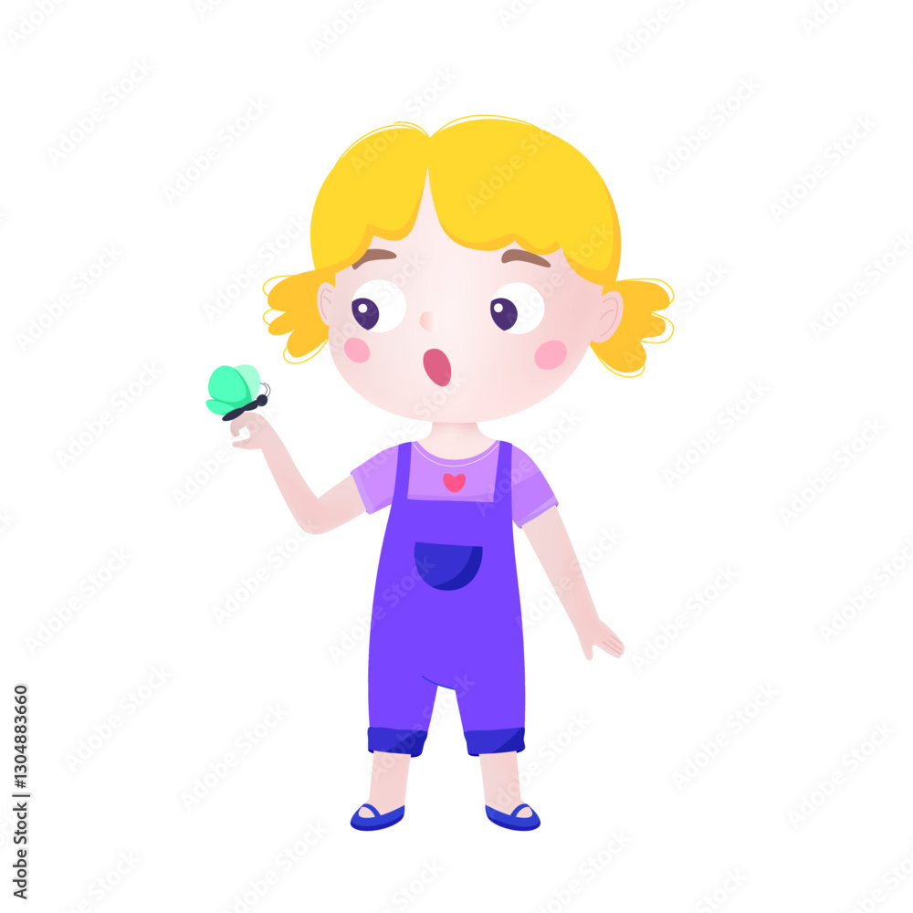 A surprised little girl looks at a butterfly. Illustration of astonished, amazed child. Flat graphic vector illustration isolated on white background A surprised little girl looks at a butterfly. Illustration of astonished, amazed child. Flat graphic vector illustration isolated on white background