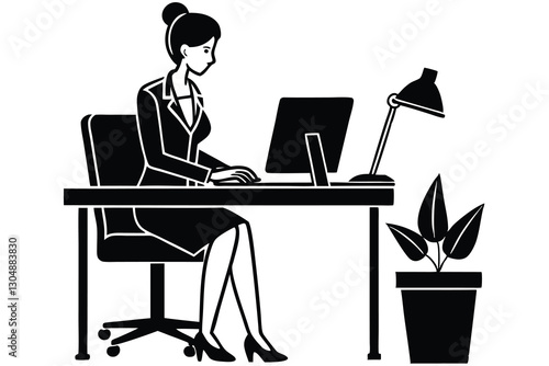 Vector silhouette of woman at work on white background