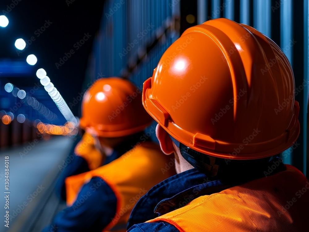 Fototapeta premium Orange Helmeted Workers Amidst Urban Lights