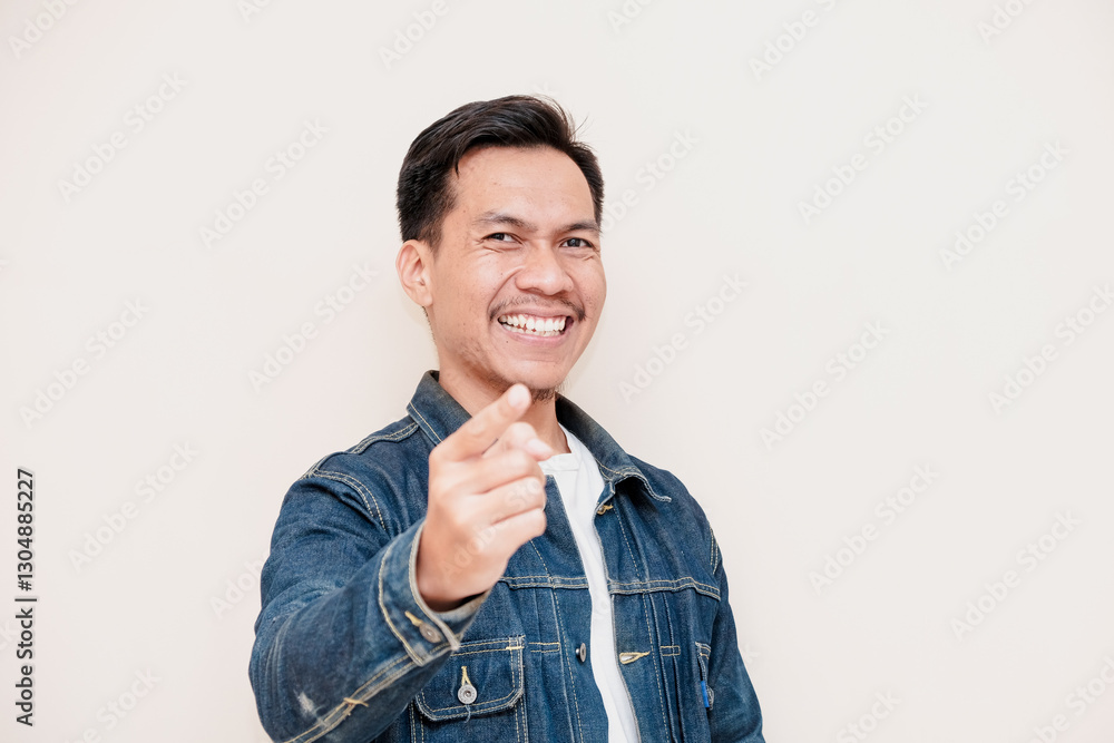 A Southeast Asian man smiling wearing a denim jacket and finger pointing to camera against a white background. This image depicts positivity, approval, and satisfaction A Southeast Asian man smiling wearing a denim jacket and finger pointing to camera against a white background. This image depicts positivity, approval, and satisfaction